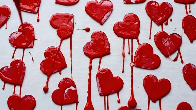 A captivating overhead shot reveals numerous vibrant red heart shapes crafted from a thick, glossy liquid, meticulously arranged on a clean white background. Each heart subtly melts and drips, creatin