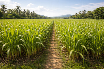 Fototapeta premium Green Crop Field with Straight Rows and Pathway in Rural Agricultural Landscape