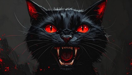 Demonic black cat with glowing red eyes and horns evoking fantasy, menace, and supernatural intrigue