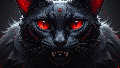 Demonic black cat with glowing red eyes and horns evoking fantasy, menace, and supernatural intrigue