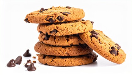 Golden chocolate chip cookies stacked in rustic pile showcasing classic comfort and irresistible homemade appeal