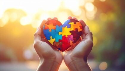Heart-shaped puzzle held in hands symbolizing unity, diversity, and support with vibrant autism awareness colors