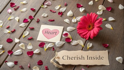 Red Gerbera Flower and Petals Scattered on Wooden Surface