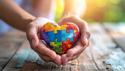 Heart-shaped puzzle held in hands symbolizing unity, diversity, and support with vibrant autism awareness colors