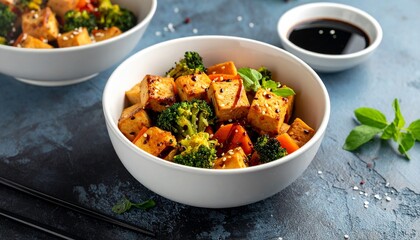 Stir-fried tofu with vegetables and sesame garnish showcasing healthy, plant-based cuisine and modern food styling