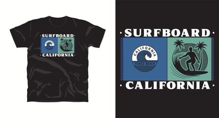 Surfboard california venice beach t-shirt design with surfer and palm trees