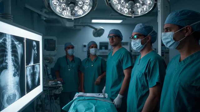 Reviewing surgical team in scrubs consulting over illuminated x-ray display in OR, confirming plan