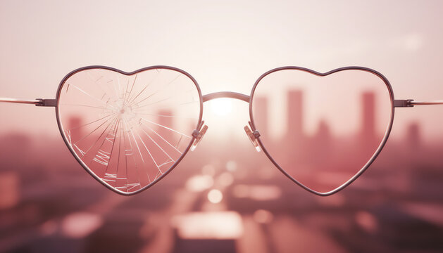 Broken heart shaped pink glasses with cracked lens against blurred city background - valentines rose tinted glasses metaphor
