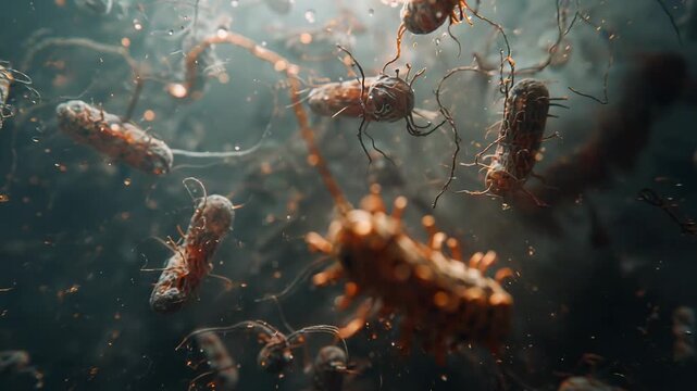 Moving rod microbe rotating closer after focus shift under microscope with filament and particles