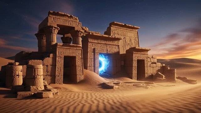 A captivating wide shot features a majestic, ancient-looking stone structure standing partially ruined in a vast desert landscape under a dramatic twilight sky. The weathered architecture, adorned wit