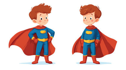 Adorable Boy in Superhero Costume with Outline Isolated Vector Illustration