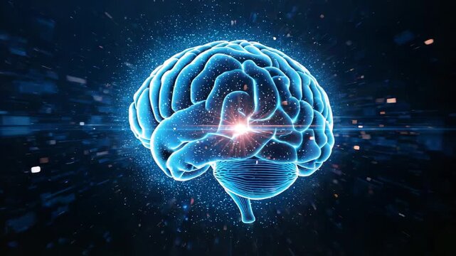 Pulsing core node sending ripple, wireframe brain rotating, scaling in deep matrix, chips drifting