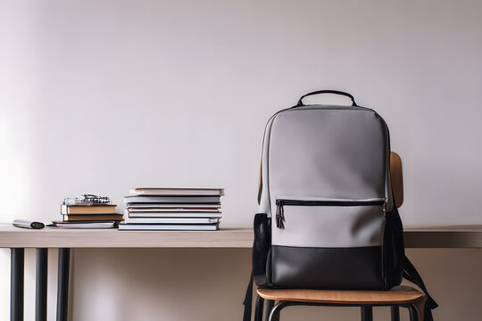 Student backpack sits on a chair next to a stack of books on a wooden desk in a study room with a plain wall in the background