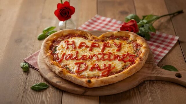 Pulling back cam revealing heart pizza on paddle at table, presenting Valentines message with roses
