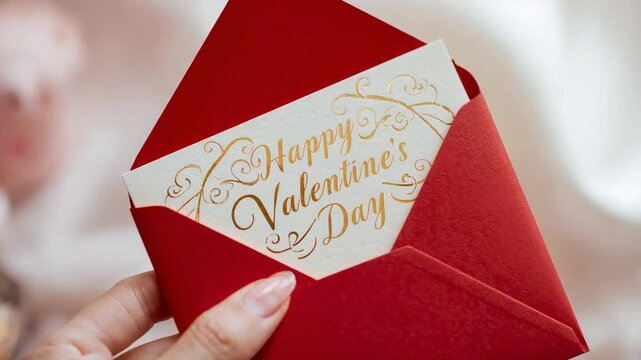 Lifting manicured hand pulling cream card from red envelope at home, revealing gold script message