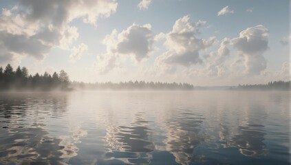 Calm lake with reflections, shrouded in mist, beneath a cloudy sky