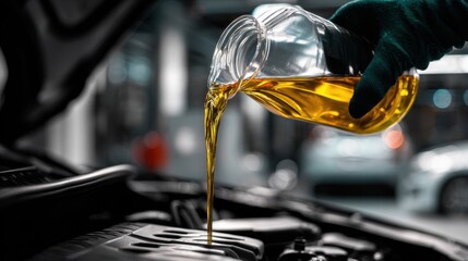 Mechanic pouring synthetic engine oil into a clean engine highlighting smooth flow and vibrant amber fluid in a welllit service bay.
