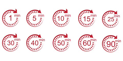 Timer, clock, stopwatch isolated set icons. Countdown timer symbol icon set. Label cooking time. Vector illustration.Set of analog clocks for every hour icon.Stopwatch icon from 1 to 60 minute timer