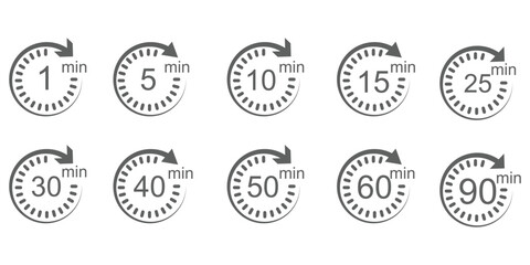 Timer, clock, stopwatch isolated set icons. Countdown timer symbol icon set. Label cooking time. Vector illustration.Set of analog clocks for every hour icon.Stopwatch icon from 1 to 60 minute timer