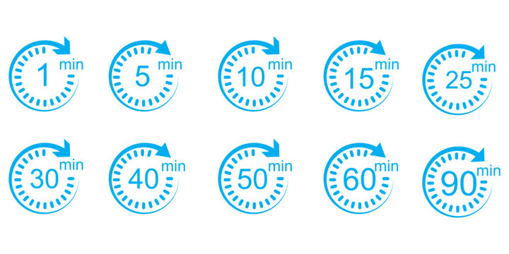 Timer, clock, stopwatch isolated set icons. Countdown timer symbol icon set. Label cooking time. Vector illustration.Set of analog clocks for every hour icon.Stopwatch icon from 1 to 60 minute timer