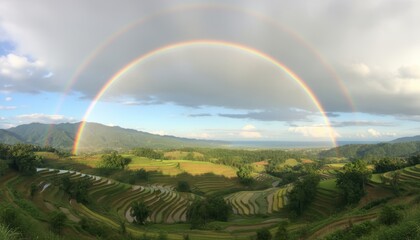 Fototapeta premium Vibrant Double Rainbow Spanning a Panoramic Landscape of Verdant Rice Terraces, Mountains, and Coastal Horizon