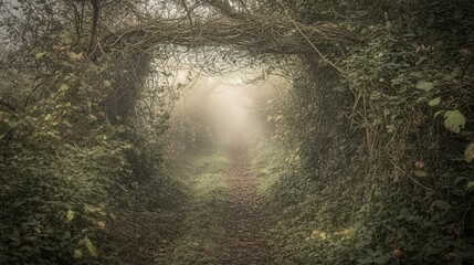 Fototapeta premium A foggy overgrown pathway through a natural tunnel of dense green foliage and branches creating a mysterious and enchanting woodland scene