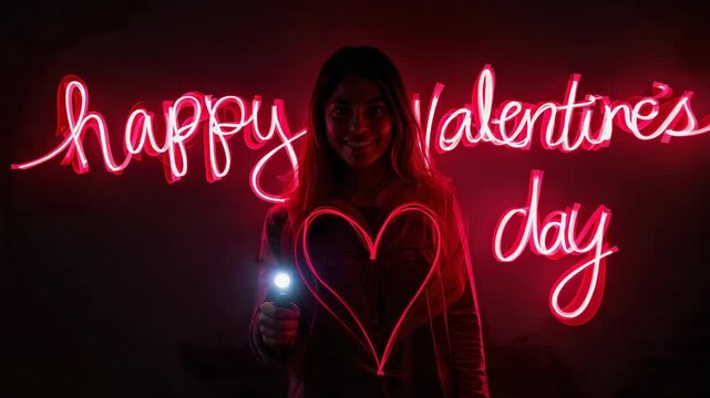 Holding LED pen, woman in long-sleeve moving at dark wall, drawing red heart and cursive valentines