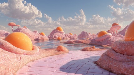 Surreal vaporwave mycelium landscape with giant orange spheres pink rocky terrain and tiled pink path under blue cloudy sky