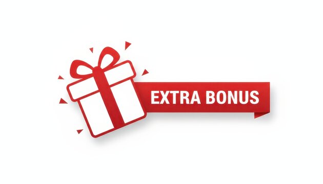 Vibrant Red Gift Box with Ribbon and Bow, Accompanied by an extra Bonus Banner on a Clean White Background, Symbolizing Rewards and Special Offers