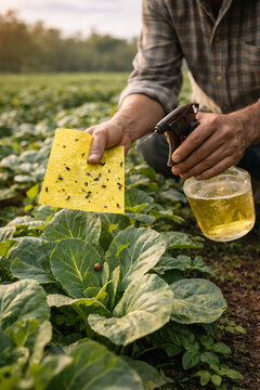 Farmer Using Yellow Sticky Trap for Pest Control in Organic Vegetable Farm