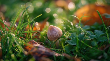 Mushroom emerging in grass and unwrapping cap with dry fallen leaves and soft golden bokeh background