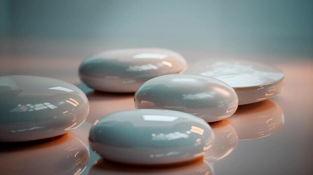 Glossy ceramic pebble reflective surface with soft lighting shallow depth of field warm accent glow smooth white pebble stones arranged reflective