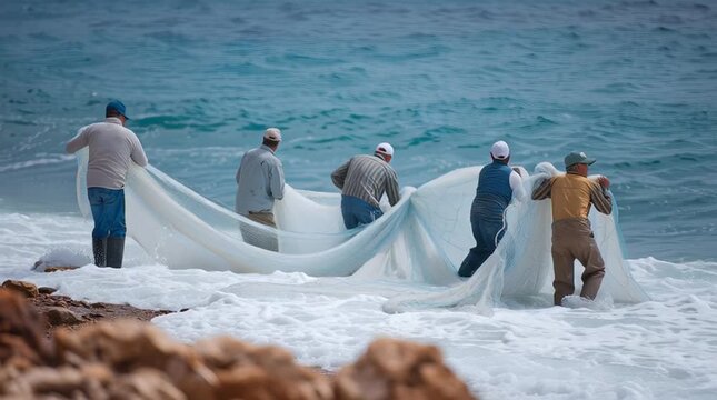 Fishermen pulling and hauling large fishing net on rocky shore with waves, sea and ocean surf teamwork along turbulent shoreline