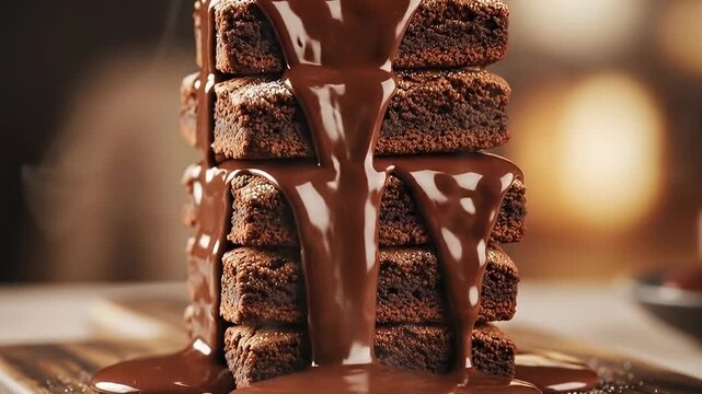 A decadent close-up shot captures a thick, glossy stream of rich, melted chocolate sauce gracefully cascading down a towering stack of freshly baked, fudgy brownies. Each square brownie is perfectly s