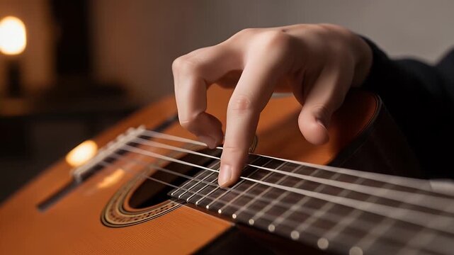 guitar closeup: hands on fretboard playing acoustic strings in warm studio lighting