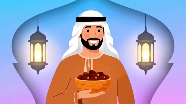 Video, 2D, vector, illustration of an Arab man holding a bowl of dates, Middle Eastern background, Islam. 