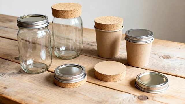Medium shot of ecofriendly glass jars featuring plantbased seals next to traditional metal lids on a light wooden surface highlighting sustainable packaging alternatives. Medium