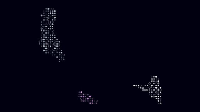 Comoros map animation. Shape of the country with pulsating colored dots. Small size circle blocks. Digital style Comoros map on dark background. Stylish video.