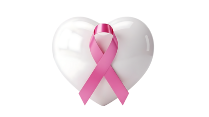 Shiny white heart with a pink awareness ribbon, representing the fight against breast cancer and solidarity
