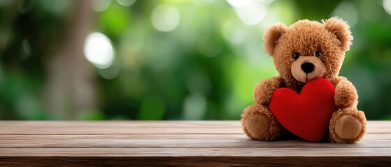 Cute teddy bear with a heart sits on a wooden path in a green meadow during sunset, creating a perfect scene for love and romance