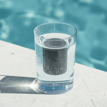 Minimalist Glass of Purified Water with Submerged Activated Carbon Filter Core (generative ai)
