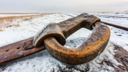 A heavily rusted and ice covered metal chain buckle rests in a snowy outdoor environment during winter