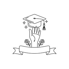Graduation concept with hand reaching for cap and floral decorative elements isolated on transparent background