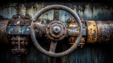 A heavily rusted industrial valve wheel seized with age and corrosion on a pipe fitting