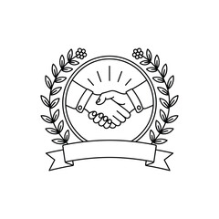 Handshake inside a laurel wreath with a blank ribbon below for text representation of agreement