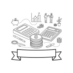 Illustrative financial planning concept with calculators coins piggy bank and growth chart isolated on transparent background