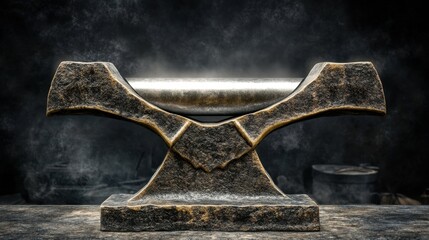 A heavy ancient iron anvil rests on a wooden surface against a dark textured background its sturdy form catching the light