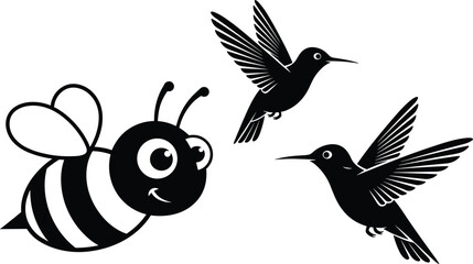 Cartoon bee and hummingbird silhouettes, playful insect bird art, smiling bee character, flying pollinators illustration, nature themed vector design © Azom