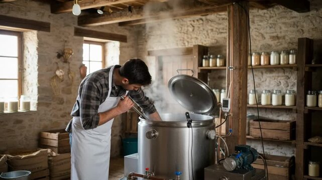 Medium shot of a technician carefully monitoring the batch pasteurization process of goat milk in a rustic dairy setting.