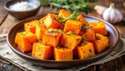Roasted butternut squash with herbs evokes autumn flavor, rustic plating, and wholesome culinary warmth